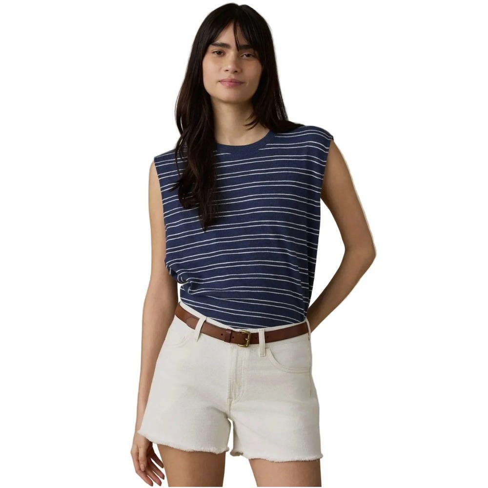 Faherty Sunwashed Organic Cotton Striped Muscle Tank Top Navy Small
